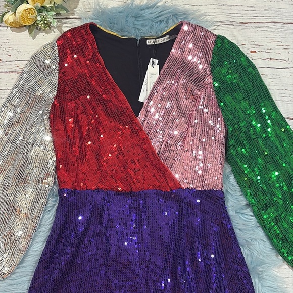 NWT Alice + Olivia Blaze Rainbow Mulit Colored Sequin Dress - Picture 11 of 11
